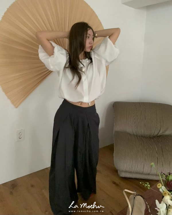 寬領微透澎袖排扣上衣